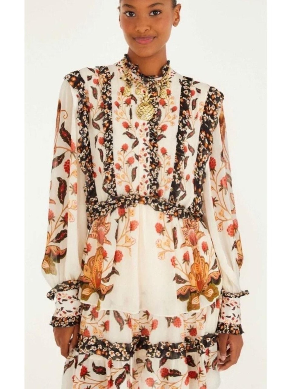 FARM Rio Berry Garden Cream Mini Dress with Red Floral Print and Black Accents